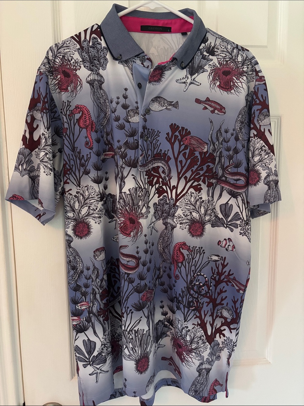 Men’s Printed Sea Life Polo Shirt - Blue/Maroon